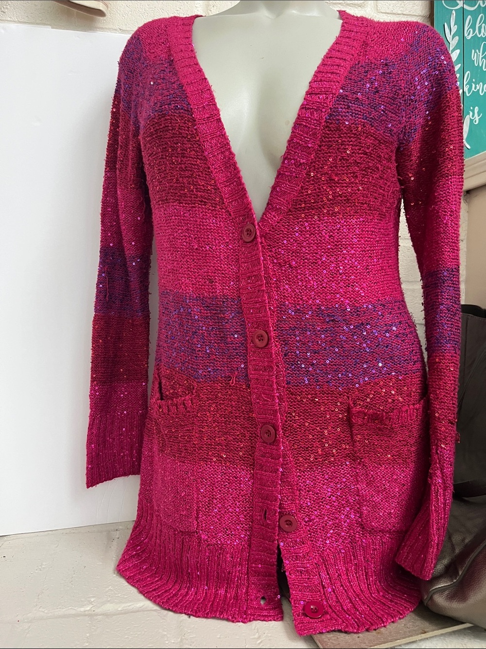 Women's Fuchsia Pink V-Neck Button Cardigan long Sweater